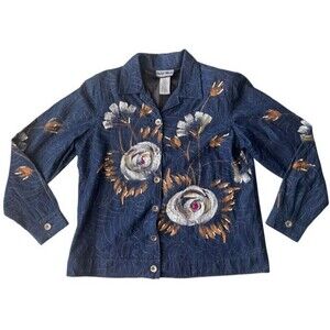 Indigo Moon Hand Painted Embellished Denim Art to Wear Blazer Jacket Large